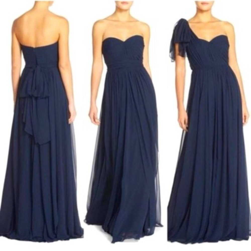 Jenny Yoo Aiden 24 type-Convertible Navy Chiffon Strapless Bridesmaid Dress Sz 4